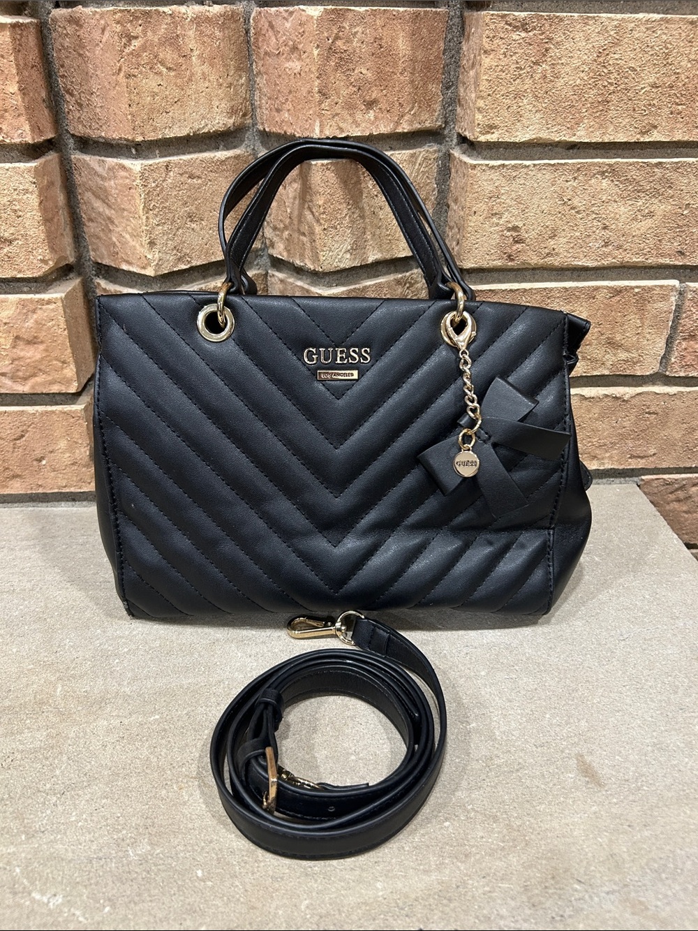 GUESS Black Quilted Satchel with Gold Accent Charm